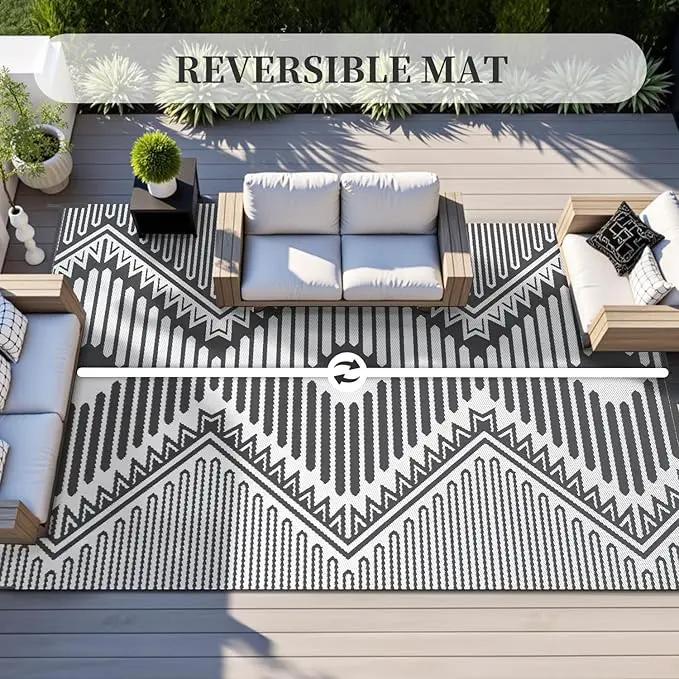 MontVoo Outdoor Rug 8x10 Waterproof Patio Rug-Outdoor Carpet Mat Reversible Plastic Straw Outside Outdoor Rug for RV Camping Picnic Beach Balcony Backyard Pool Deck Porch Modern Boho Grey by GreenHaven Gardens