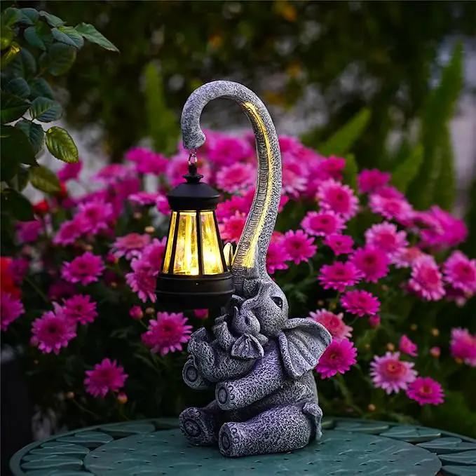 Elephant Outdoor Statues with Cute Baby Garden Decor, Resin Elephant Figurines with Solar Lantern Outdoor Decoration Gifts for Mothers Day, Birthday Day by GreenHaven Gardens