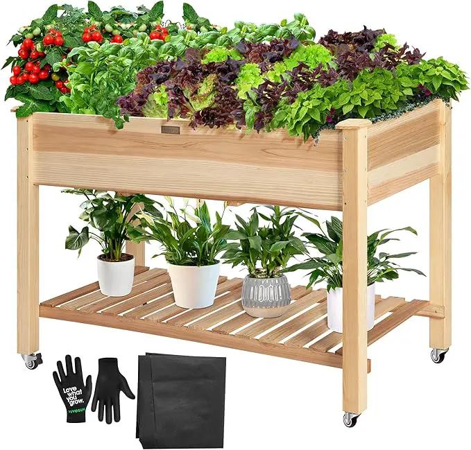 VIVOSUN Elevated Wooden Raised Garden Bed, 46 x 24 x 32 Inches, Mobile Outdoor Planter Box with Storage Shelf and Protective Liner for Outdoor Use, with Lockable Wheels by GreenHaven Gardens