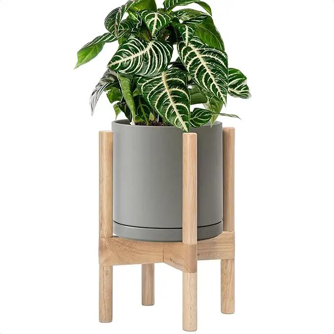 D'vine Dev Ceramic Planter with Natural Stand - 8 Inch Modern Round Flower Pot with Wood Planter Holder, Grey, 55-B-N-3 by GreenHaven Gardens