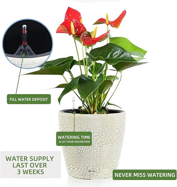 Dexceder 18x17 Self Watering Planter with Wheels Indoor Outdoor, Inner Pot Design, Thickened Large Floor Standing Flower Plant Pot with Water Level Indicator (White Gold Crackle) by GreenHaven Gardens
