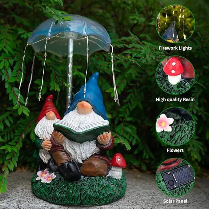 mopha Garden Gnomes Statues Outdoor Decor Gifts, Resin Figurines Outside Decoration Ornaments Clearance Gardening Decoration, Solar Powered Umbrella Fireworks Lights by GreenHaven Gardens