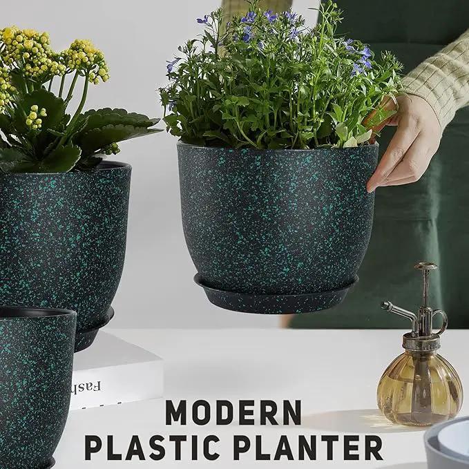 Plant Pots 10/9/8/7.5/7 inch Set of 5,Flower Pots with Multi Mesh Drainage Holes, Large Planters for Indoor Outdoor Garden Plants and Flowers. (Green Speckles) by GreenHaven Gardens