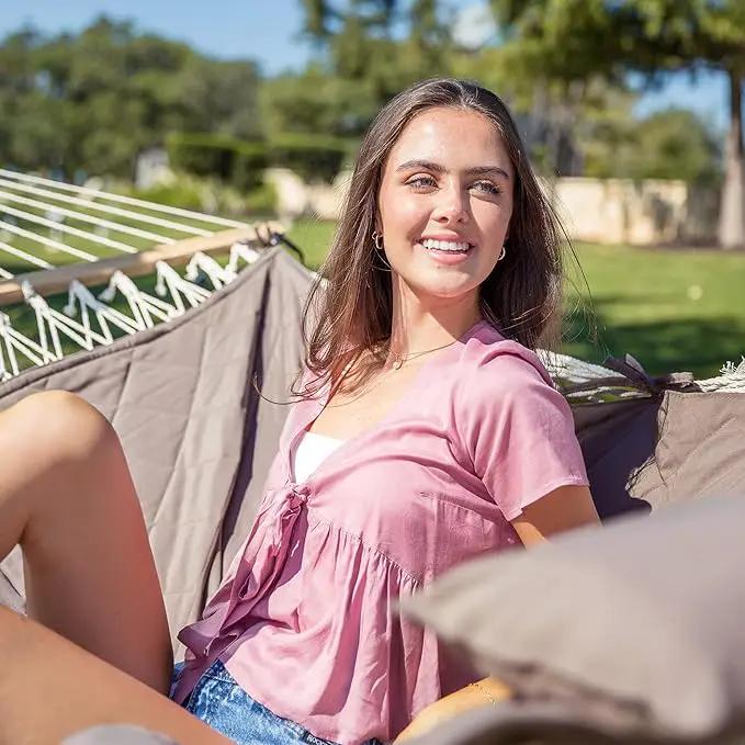 ANOW 2 Person Hammock with 12FT Heavy Duty Steel Stand, Double Rope Hammock with Detachable Pillow and Pad for Outdoors Indoors, 450 LBS Weight Capacity, Light Brown by GreenHaven Gardens