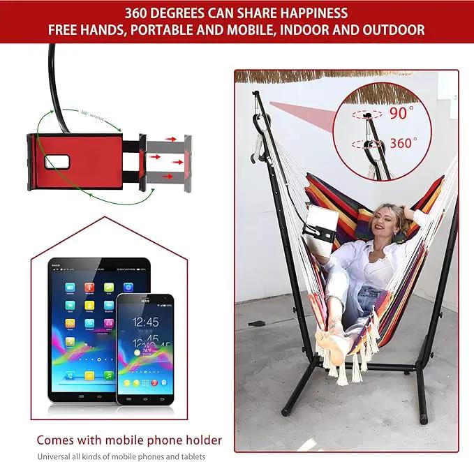 ZEYU Hammock Chair with Stand Double Hammock Chair Bohemian Style with Tassel Mobile Phone Support Manual Adjustable Swing Indoor and Outdoor Garden Porch with Floor mat Reclining Capacity 400 pounds by GreenHaven Gardens