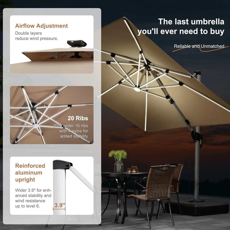 PURPLE LEAF 9' X 12' Solar Powered LED Patio Umbrella Cantilever Umbrellas Offset Double Top Hanging Outdoor Umbrella Market Umbrellas for Garden, Heather Taupe by GreenHaven Gardens