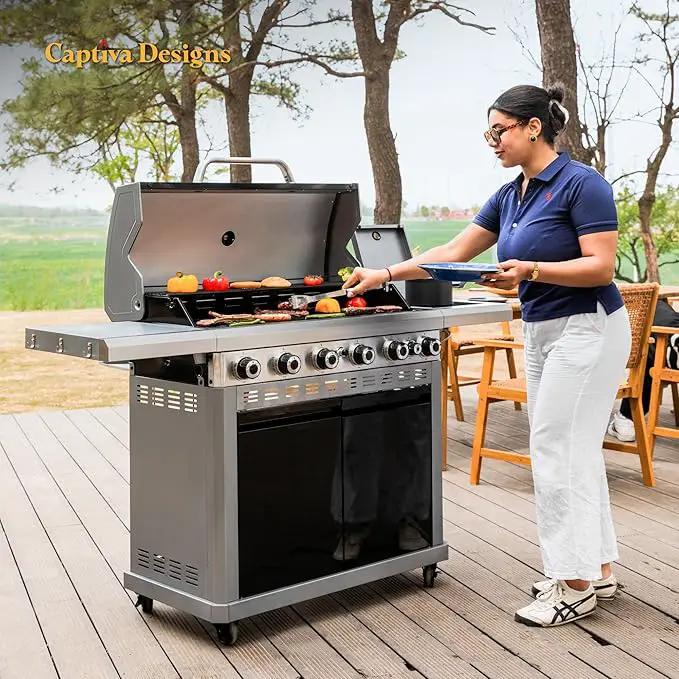 Captiva Designs 6-Burner Propane Gas BBQ Grill with Side Burner & Porcelain-Enameled Cast Iron Grate and Plate for Outdoor Barbucue Events, 52,000 BTU Output,740 SQ.IN. Cooking Area，Heavy Duty by GreenHaven Gardens