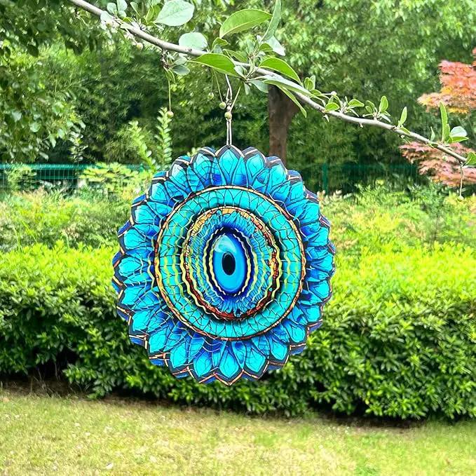 3D Wind Spinner Mandala 10 Inch Evil Eye Stainless Steel Wind Sculpture Blue Hanging Ornament Laser Cut Metal Art for Indoor Outdoor Garden Decoration Protective Amulet for Home and Yard by GreenHaven Gardens