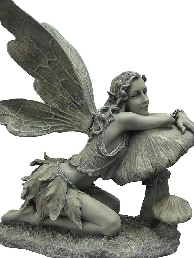 16-1/2-Inch Tall Green Fairy on Mushroom by GreenHaven Gardens