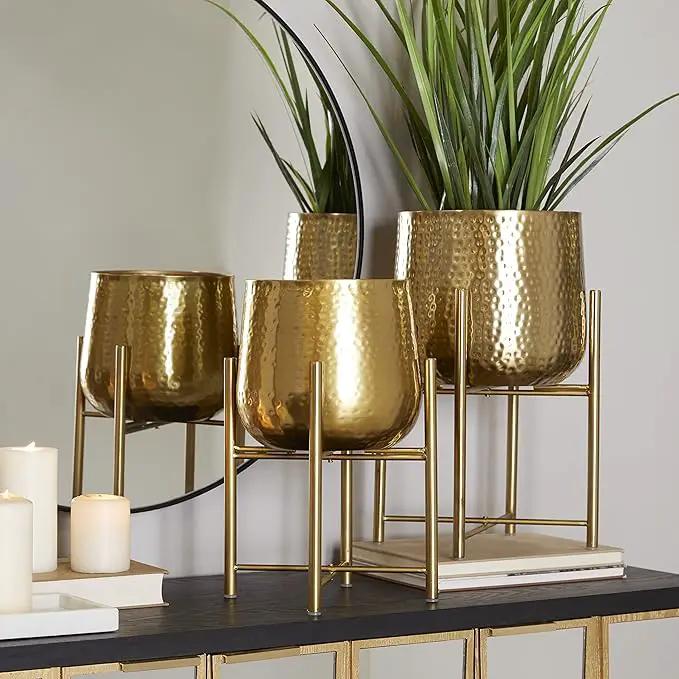 CosmoLiving by Cosmopolitan Metal Indoor Outdoor Planter Deep Recessed Hammered Dome Large Planter Pot with Removable Stand, Set of 2 Planters 17", 19"H, Gold by GreenHaven Gardens