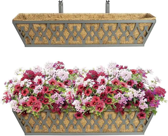 2 Pack 24 Inch Window Boxes Planters Railing Planter Box with Adjustable Brackets for Porch Fence Patio Balcony Hanging Flower Baskets with Coco Liners for Outdoor Garden Decor - Grey by GreenHaven Gardens
