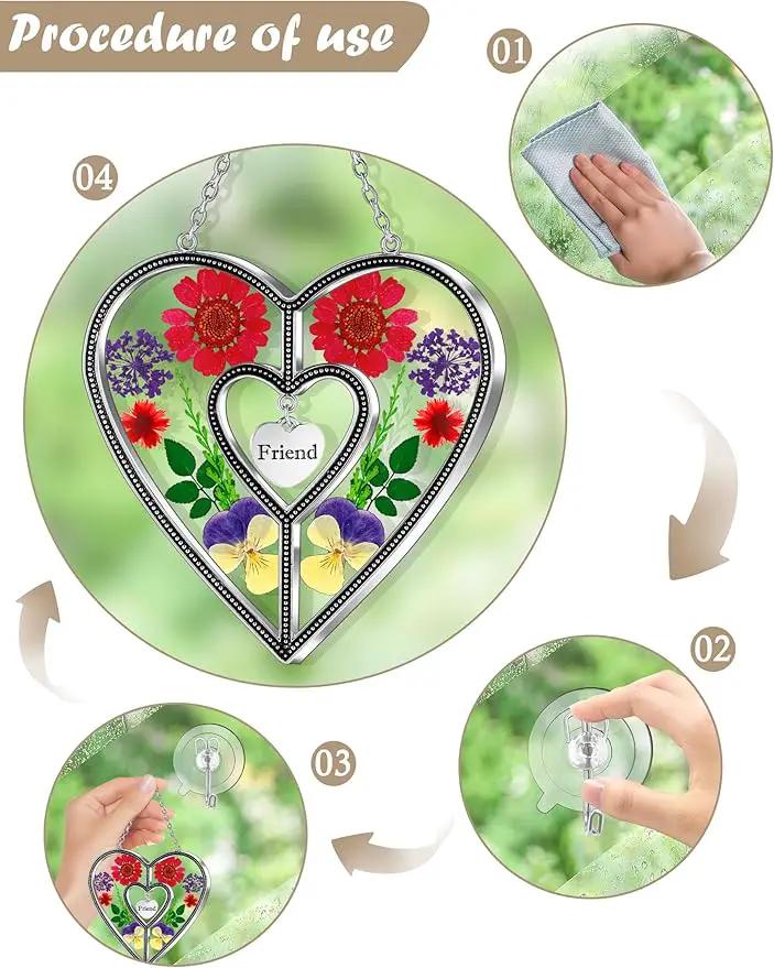 KY&BOSAM Heart Suncatcher Friend Stained Glass Hangings for Windows Real Flower Glass & Metal Maker Sun Catchers Birthday Gifts for Frined Home Party Backyard Indoor Outdoor Decor Christmas Ornament by GreenHaven Gardens