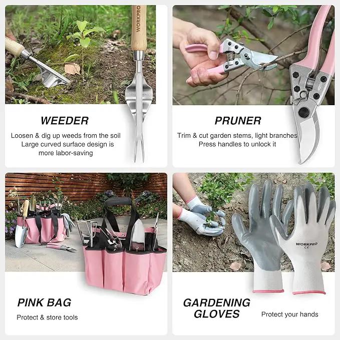 WORKPRO 8-Piece Pink Garden Tool Set, Stainless Steel Gardening Tools with Wood Handle, Including Garden Tote, Gloves, Trowel, Hand Weeder, Cultivator and More, Gardening Gifts For Women - Pink Ribbon by GreenHaven Gardens