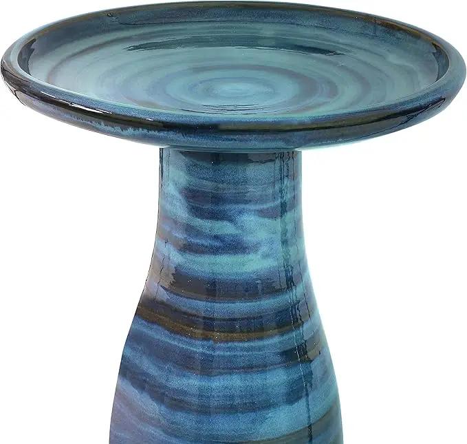 Sunnydaze 21" H Ceramic Bird Bath for Outside - Hand-Painted Outdoor Bird Bath Bowl, UV/Frost-Resistant Finish - Galaxy Blue - Ribbed Pedestal by GreenHaven Gardens