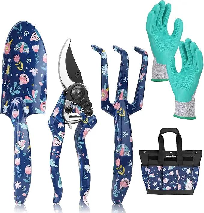 WORKPRO 5PCS Garden Tool Set, Aluminum Heavy Duty Gardening Tool Set with Garden Tool Bag, Outdoor Garden Hand Tools, Blue Insect and Flower by GreenHaven Gardens