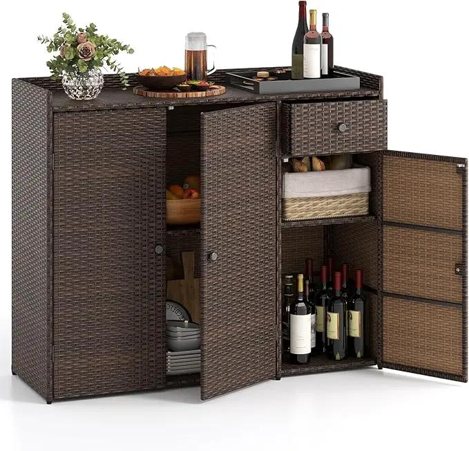 Tangkula Rattan Outdoor Storage Cabinet, Patiojoy Outdoor Cabinet with 4 Adjustable Shelves, 1 Drawer, 3 Doors, Patio Storage Deck Box Table for Patio Garden Poolside (Mix Brown) by GreenHaven Gardens