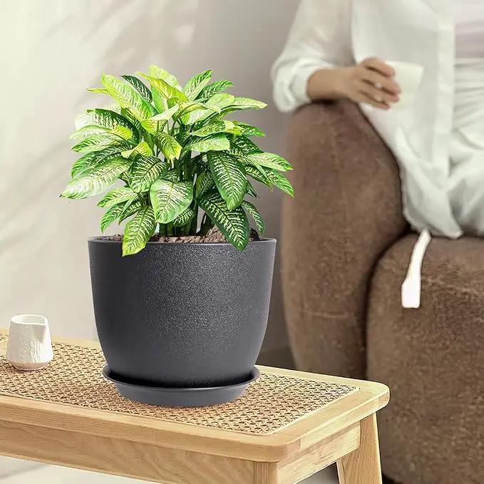 9/8/7.5 inch Plant Pots, Set of 3 Modern Decorative Plastic Planters with Drainage Holes and Tray, Flower Pots for Indoor Outdoor Plants, Black by GreenHaven Gardens