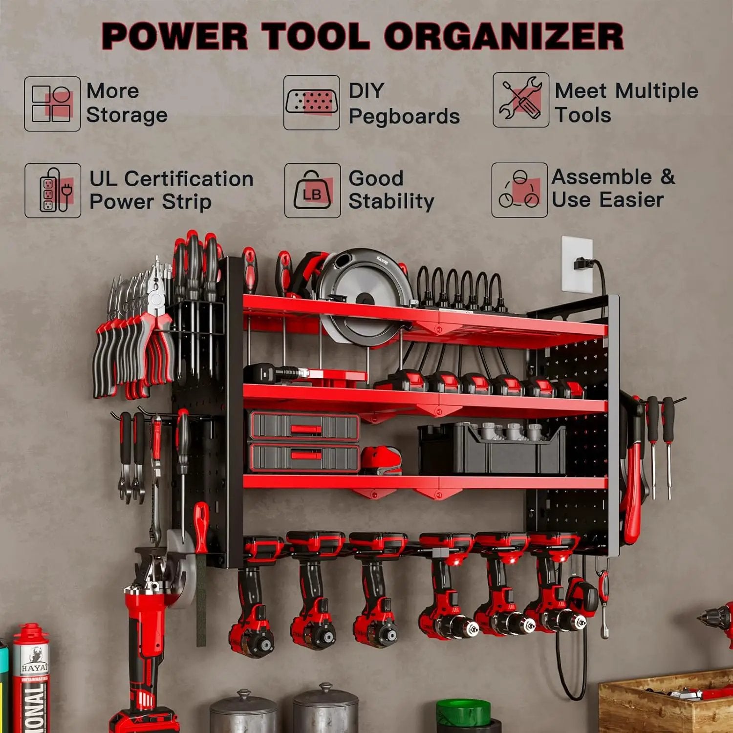 Power Tool Organizer Wall Mount with Charging Station 4 Layer 6 Slot Cordless Drill Holder with Angle Grinder Holder (Red) by GreenHaven Gardens