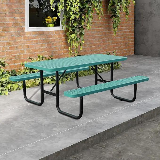 6FT Metal Picnic Tables for Outdoors, Commercial Rectangular Picnic Table and Bench Set for Outside, Patio, Garden, Backyard, Porch, Surface Mount, Green by GreenHaven Gardens