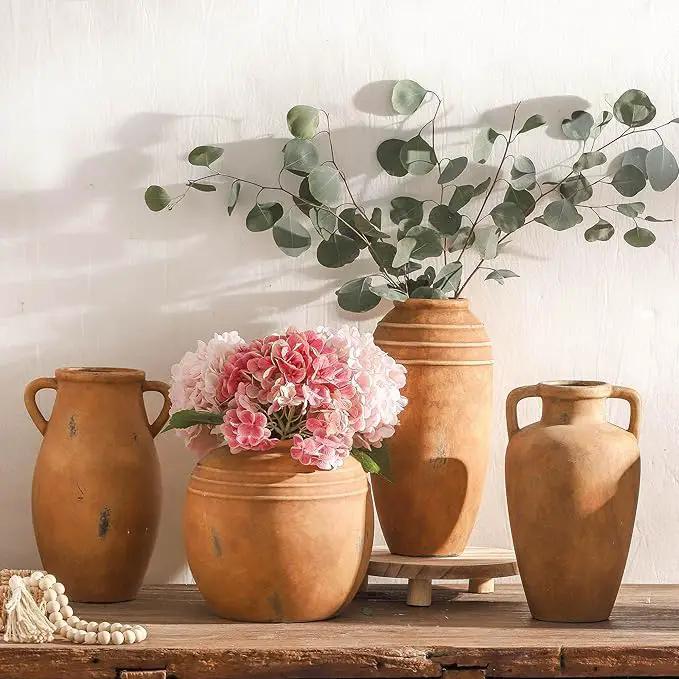 Large Ceramic Flower Vase,11.3 inch Terracotta Vase with 2 Handles, Rustic Farmhouse Vases, Decorative Pottery Flower Vases for Home Decor, Living Room Shelf Decor, Table by GreenHaven Gardens