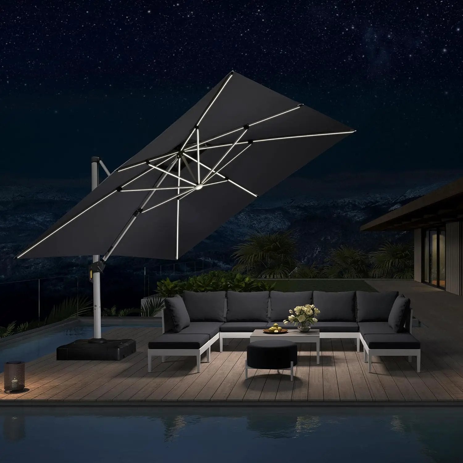 PURPLE LEAF 12 Feet Double Top Deluxe Solar Powered LED Square Patio Umbrella Offset Hanging Umbrella Outdoor Cantilever Umbrella, Grey by GreenHaven Gardens