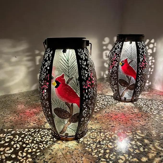 2PCS Cardinal Solar Lanterns Glass & Metal Hanging Light Outdoor Waterproof 16" H Tabletop Lamp with Hollowed-Out Design with Shepherd's Hooks for Garden Patio Table Decor by GreenHaven Gardens