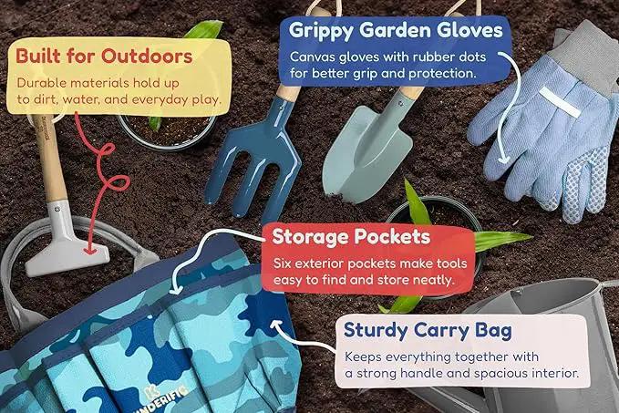 Gardening Set, Tool Kit, for Kids, STEM, Includes Tote Bag, Spade, Watering Can, Rake, Fork, Trowel and Gloves (Camo Quest) by GreenHaven Gardens