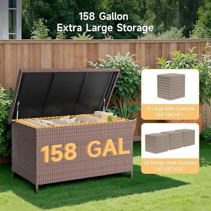 158 Gallon XL Deck Box with Lid, All Weather Wicker Outdoor Storage Box Waterproof, Large Outdoor Patio Storage Bin for Cushions, Garden Tools, Gears, Pool Accessories, Brown by GreenHaven Gardens