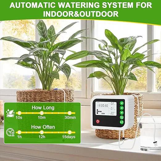 Automatic Plant Water Indoor, 15 Potted Plants Self Watering System, Automatic Drip Irrigation Kit Plant Watering Devices Programmable Water Timer, LED Display and Power Supply by GreenHaven Gardens