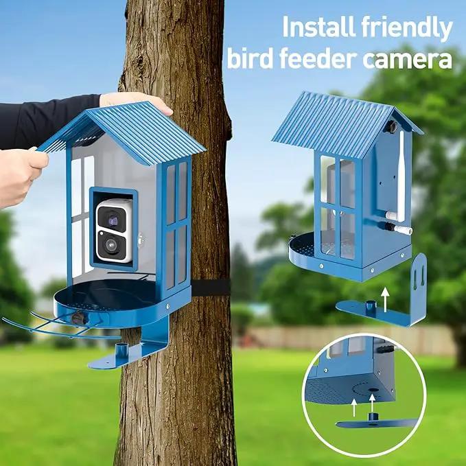 Bird Feeder with Camera with AI Identify Species, Wild Bird Watching, 2K Live View, Instant Arrival Alerts with 5W Solar Powered-Soliom BF08 Metal Blue by GreenHaven Gardens