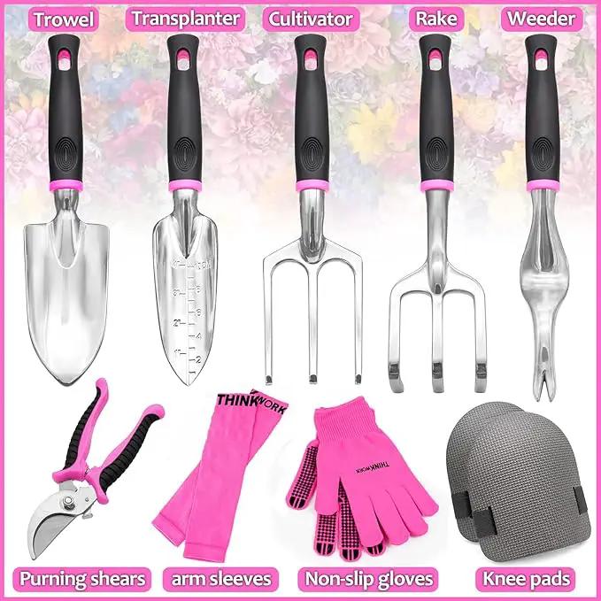 THINKWORK Pink Garden Tools, Gardening Gifts for Women, with 2 in 1 Detachable Storage Bag, Trowel, Transplanter, Rake, Weeder, Cultivator, Purning Shears and 3 Additional Protection Tools by GreenHaven Gardens