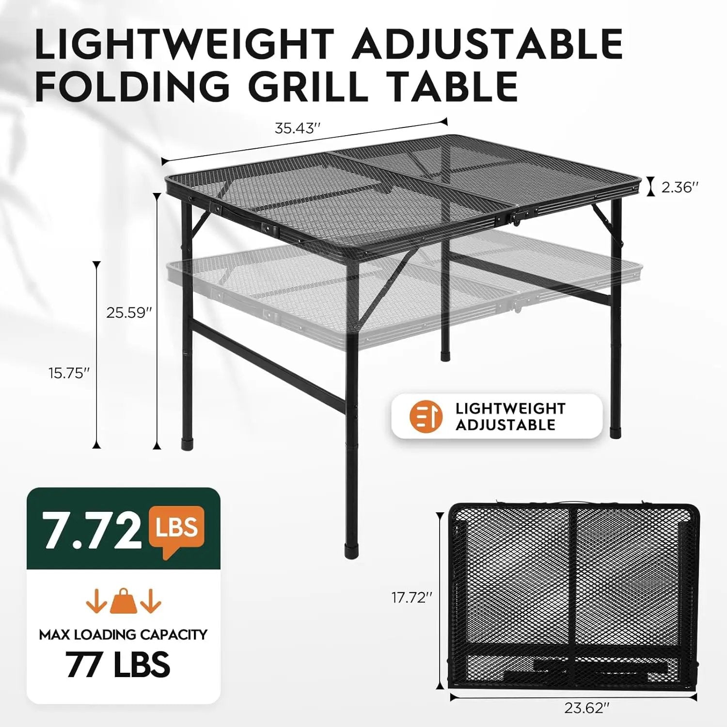 3x2 FT Folding Grill Table, Portable Camping Table for Outside, Adjustable Height Folding Table with Desktop & Mesh Bag, Lightweight Outdoor Table for Camping, Picnic, BBQ by GreenHaven Gardens