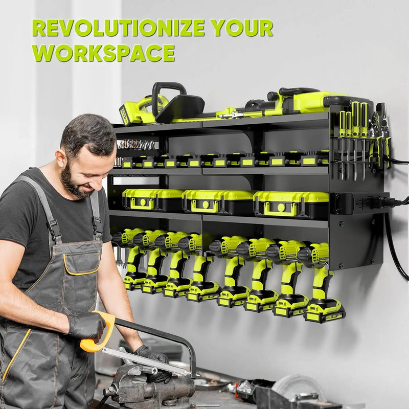 Large Power Tool Organizer Wall Mount with Charging Station,4 Layer Heavy Duty Metal Tool Storage Rack Loads 600lbs with 8 Cordless Drill Holder,Battery Utility Rack Loads with 4 Power Strip by GreenHaven Gardens