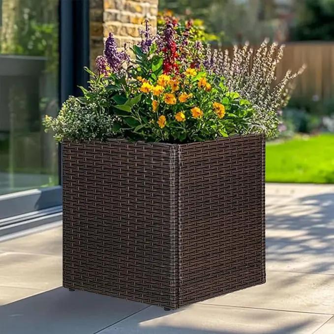 LEWIS&WAYNE Large Square Planter Box Handmade Wicker Tall Planters for Outdoor Plants with Removable Liners Modern Planter for Indoor Outdoor Garden Patio Front Porch - Brown, 17''x17''x18'' by GreenHaven Gardens