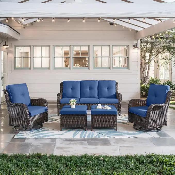 5 Piece Outdoor Patio Furniture Set - Wicker Furniture Patio Conversation Set, Outdoor Swivel Rocker Chairs with 3-Seater Sofa and 2 Ottomans for Small Space, Blue Cushion by GreenHaven Gardens