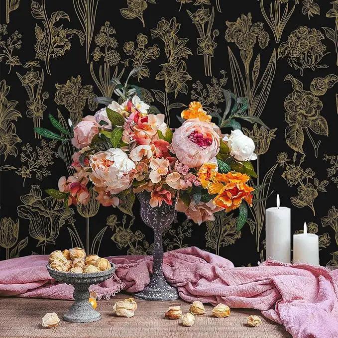 Dimoon 236"x17.3" Floral Wallpaper Peel and Stick Flowers Golden Black Contact Paper Thicken Waterproof Modern Self Adhesive Plants Wallpaper Removable Wall Paper Shelf Vinyl Roll by GreenHaven Gardens