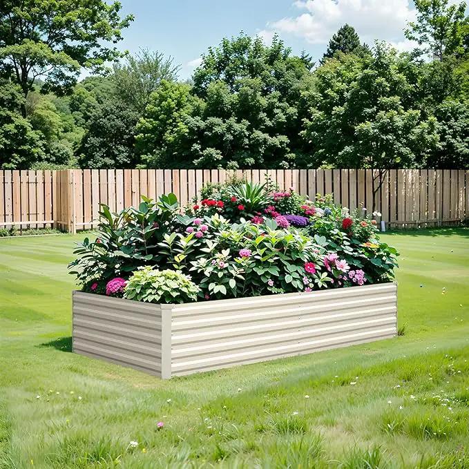 Raised Garden Bed 8×4×1.5FT, Galvanized Raised Garden Beds Outdoor for Vegetables Flowers Herbs, Large Deep Root Planter Box, Tall Raised Garden Bed with 3ftx30ft Weed Barrier Fabric, Beige by GreenHaven Gardens