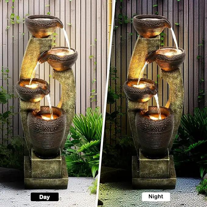 Naturefalls 40” H Modern Outdoor Fountain - 4 Crocks Outdoor Garden Fountains with Contemporary Design&LED Light for Garden, Patio, Deck, Porch, Backyard and Home Art Decor (40in, Light Gray) by GreenHaven Gardens