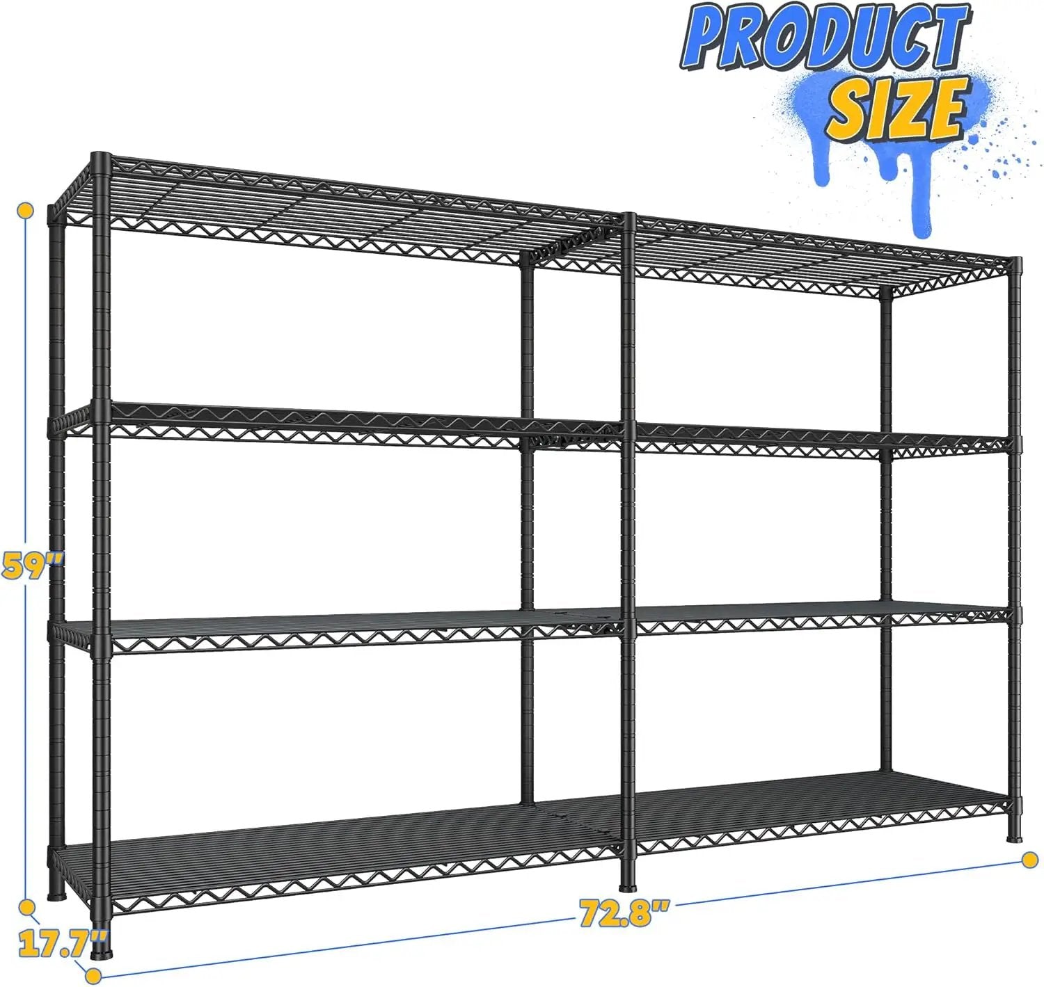 REIBII 72.8" W Storage Shelves Load 1500LBS, 4 Tier Metal Shelving Unit Wire Shelving for Storage Rack Heavy Duty Metal Shelves for Garage Pantry Kitchen, 17.7" D x 72.8" W x 59" H by GreenHaven Gardens