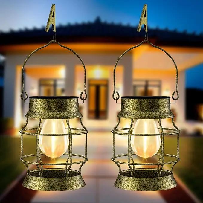 Solar Lantern 2 Pack Solar Outdoor Lights Metal Hanging Lights for Outside Waterproof Retro Design with Edison Bulb Decorative for Patio Porch Fence Garden Lawn by GreenHaven Gardens