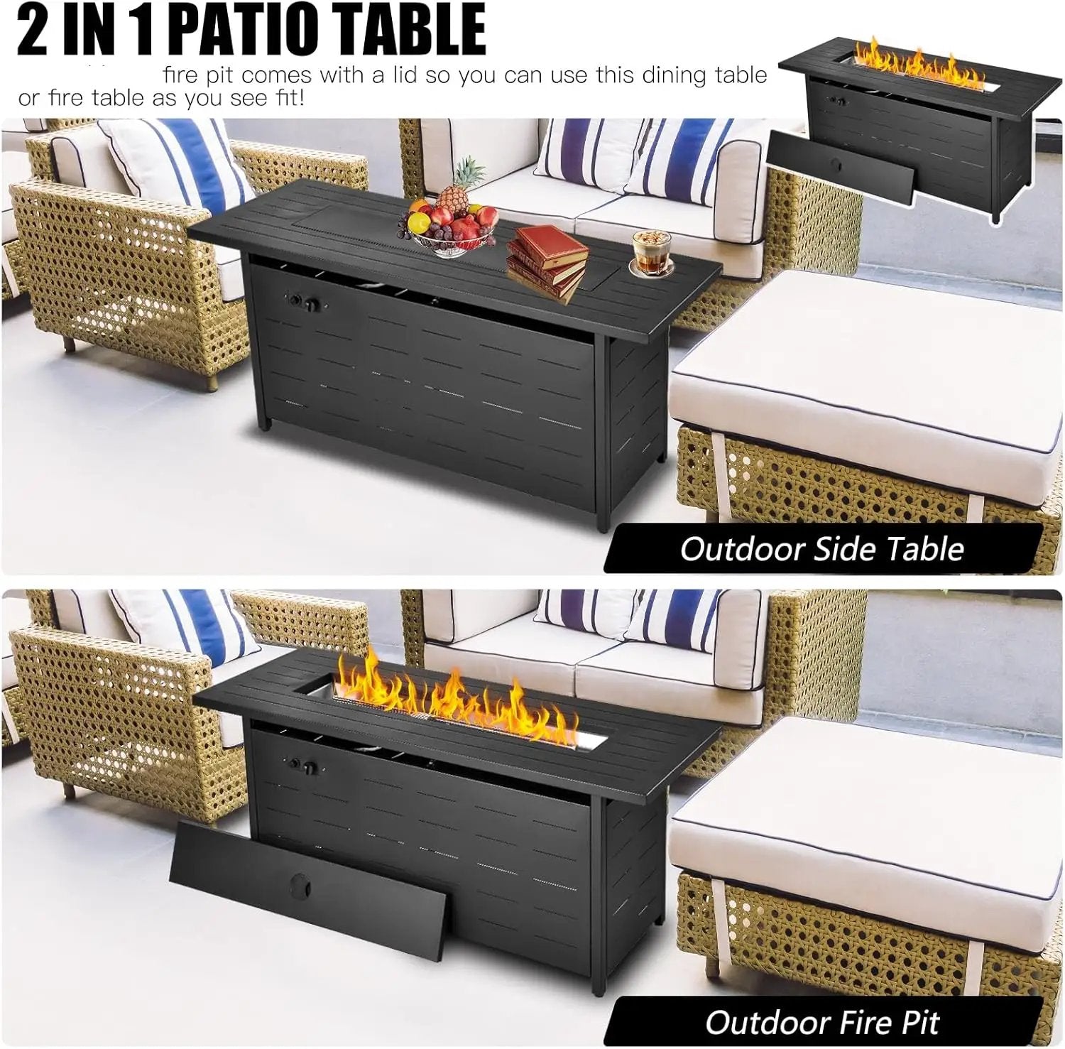 57 inch Propane Fire Pit Table,50000 BTU Gas Fire Pits Table with Lid & Lava Rock & Waterproof Cover, Outdoor Propane Firepit for Dining or Party, Outside, Patio, Garden, Yard by GreenHaven Gardens