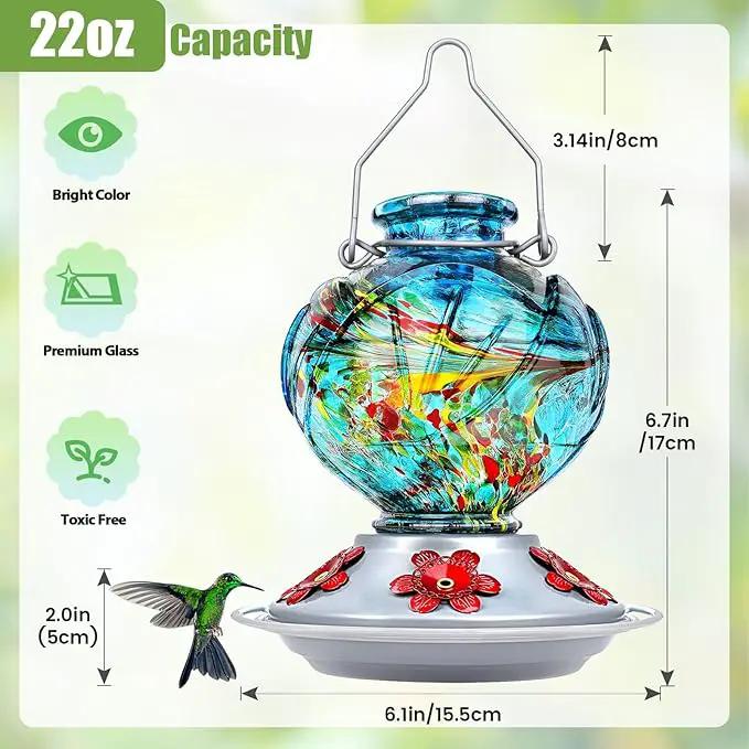 BOLITE Hummingbird Feeder, Hand Blown Glass Hummingbird Feeders for Outdoors Hanging, with Ant Moat and 5 Feeding Ports, 22 Ounces, Peony Flower Shape, Blue, Gifts for Women Men, Gifts for Mom Dad by GreenHaven Gardens