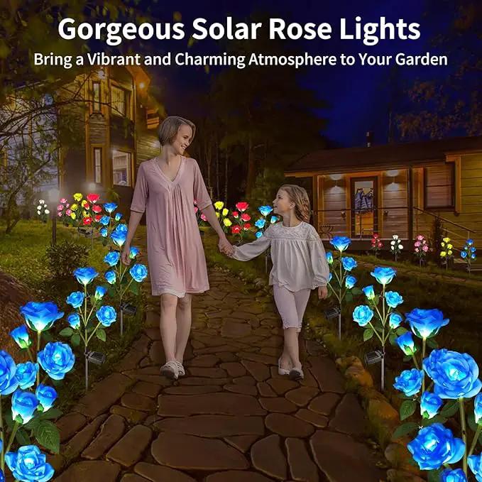 Solar Garden Lights, Solar Outdoor Lights with More Realistic 10 Rose Waterproof Solar Powered Flowers Lights for Outside Patio Yard Pathway Decorations, 2 Pack, Blue by GreenHaven Gardens