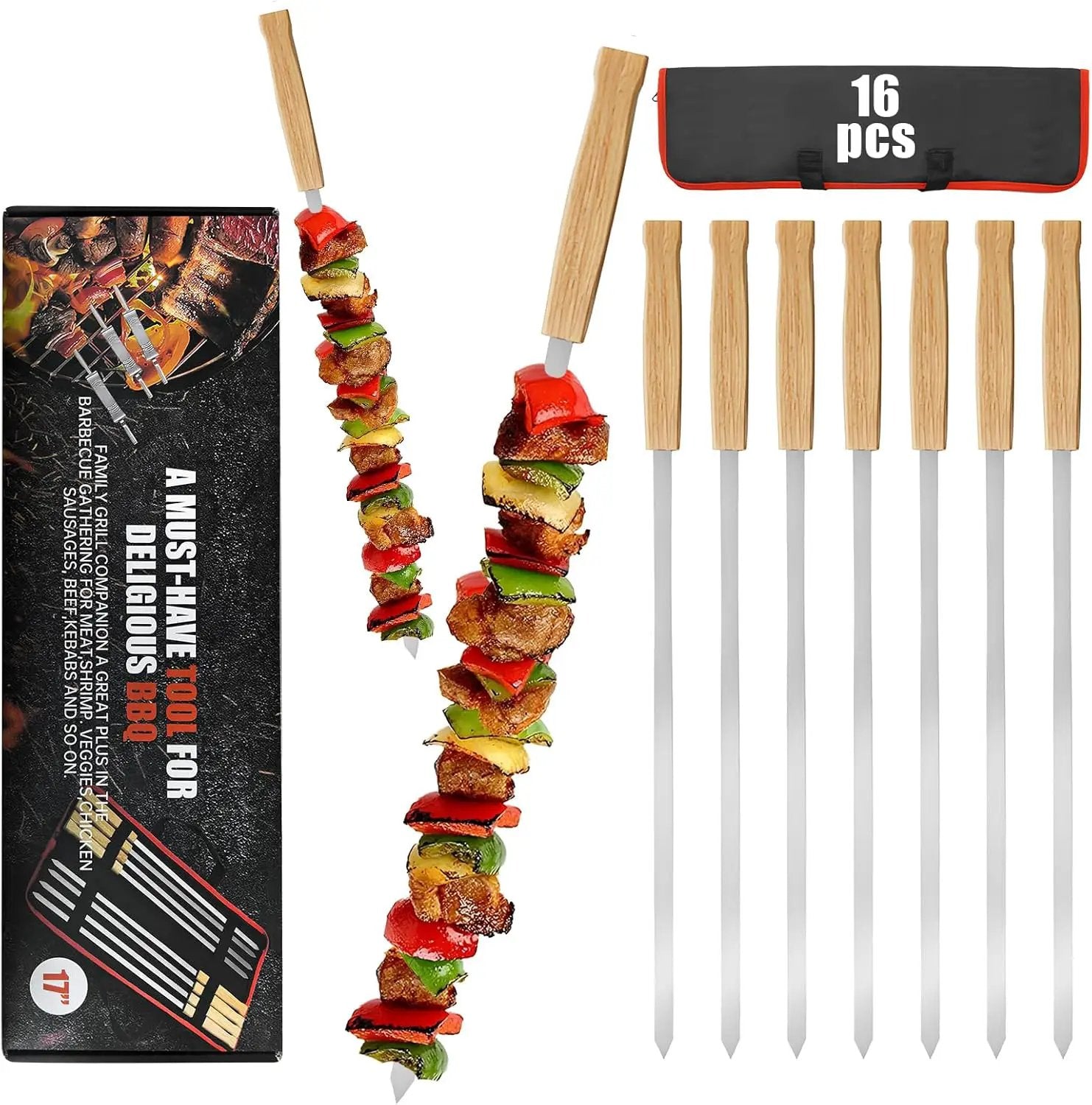 SHIKORI Kabob Skewers,BBQ Barbecue Skewers,Stainless Steel Sticks,17 Inch Heavy Duty Large Wide Reusable,with Nonslip Wooden-16 Pcs by GreenHaven Gardens