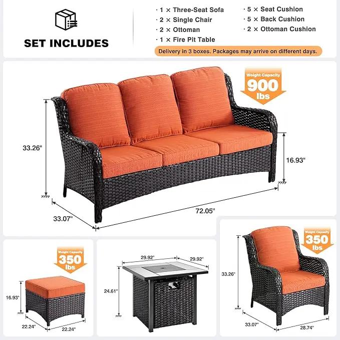 ovios 6 Pieces Patio Furniture Set with 30" Fire Pit Table, Outdoor Wicker Sofa with Ottomans, Comfy Cushions, High Back Couch Conversation Set, Brown Rattan, Orange Red by GreenHaven Gardens