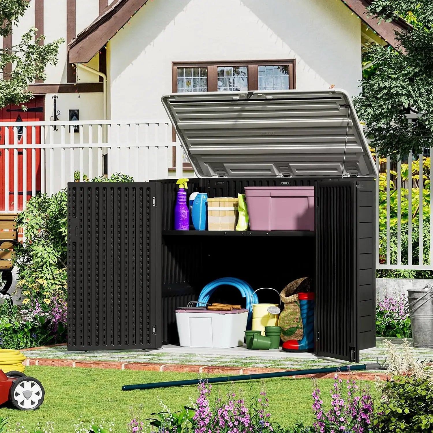 ZZM Large Outdoor Storage Shed, 48 Cu Ft Resin Versatile Storage Cabinet for Patio Accessories, Trash Cans & Garden Tools, Durable Horizontal Storage Box with Lockable Lid (Black) by GreenHaven Gardens