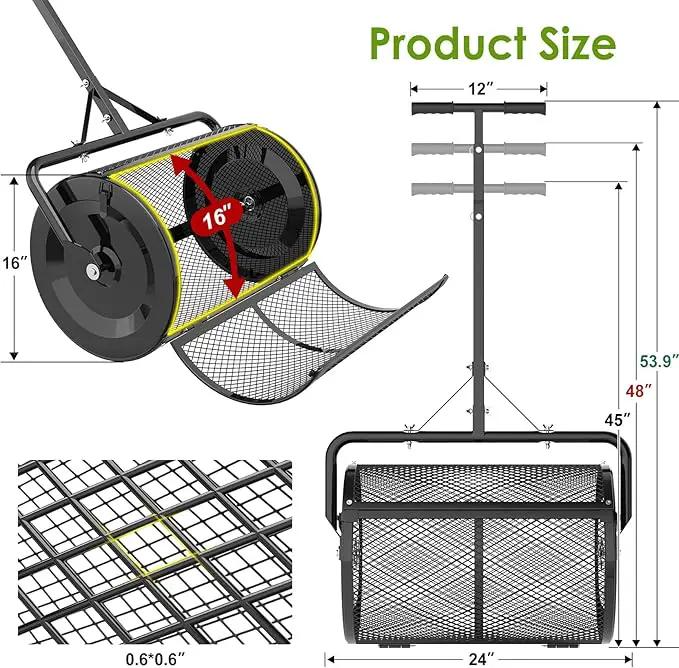 Seeutek Compost Spreader, 24" Peat Moss Spreader with 3 Heights, Top Soil Spreader W/Upgraded Side Latches Support Rod Powder Coated Metal Mesh Top Dressing Spreader for Lawn, 2 Way Uses-Push or Tow by GreenHaven Gardens