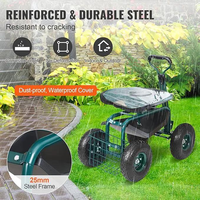 VEVOR Garden Cart Rolling Workseat with Wheels, Gardening Stool for Planting, 360 Degree Swivel Seat, Wagon Scooter with Steering Handle & Utility Tool Tray, Use for Patio, Yard, and Outdoors, Green by GreenHaven Gardens