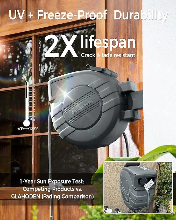 Retractable Garden Hose Reel 5/8 in x 90 ft, 2025 Upgraded Dual Ratchet Lock UV & Freeze Protection Brass Seal Slow Retraction Anti-Tangle Hose 180°Swivel Reinforced Scaffold Wall Mount by GreenHaven Gardens