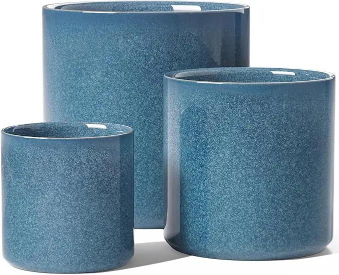 LE TAUCI Ceramic Plant Pots Indoor, 10 Inch 8 Inch 6 Inch Planters for Indoor Plants, Mid-Century Modern Flower Pots with Drainage Hole, Cylinder Round Planter Pots, Set of 3, Reactive Glaze Blue by GreenHaven Gardens